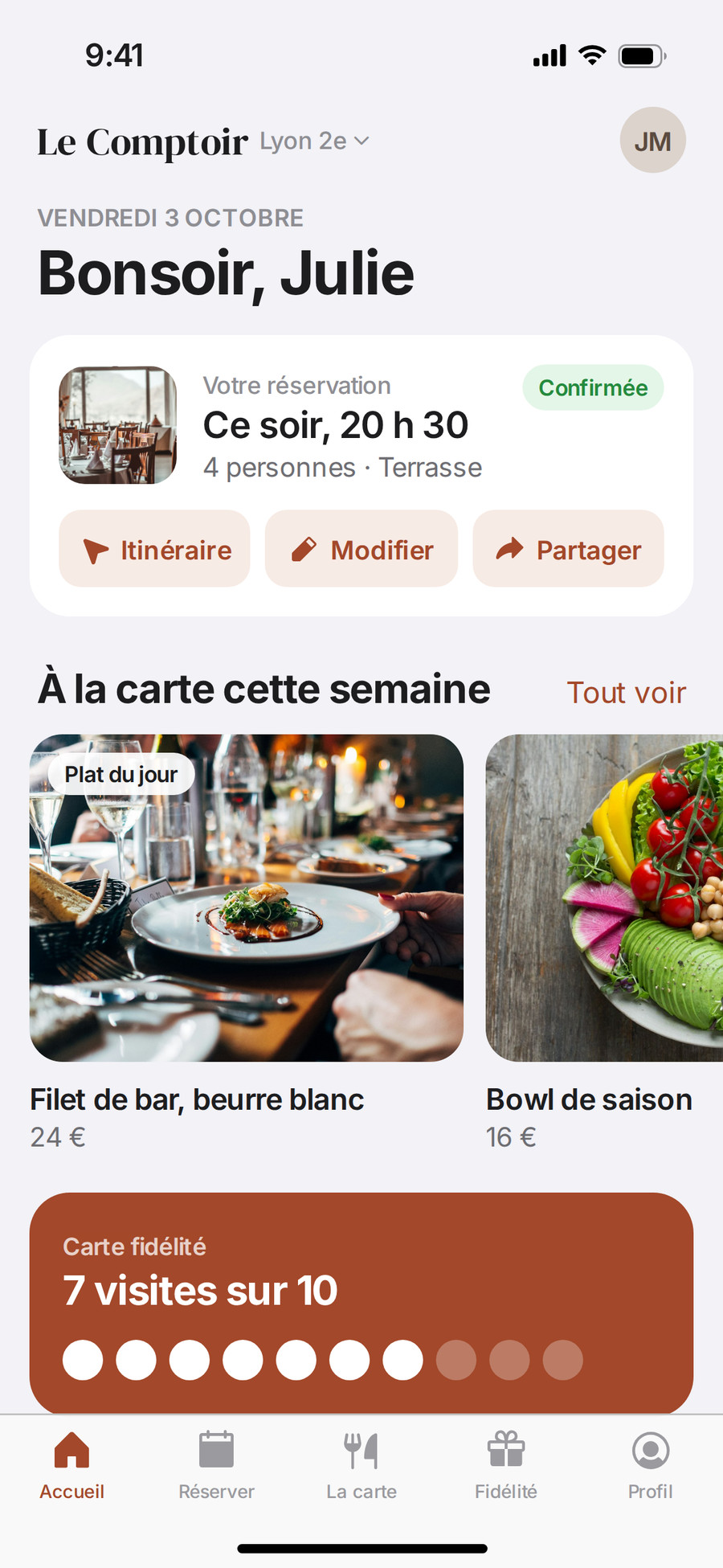 Application mobile de restaurant développée par KingDream Digital : écran d'accueil